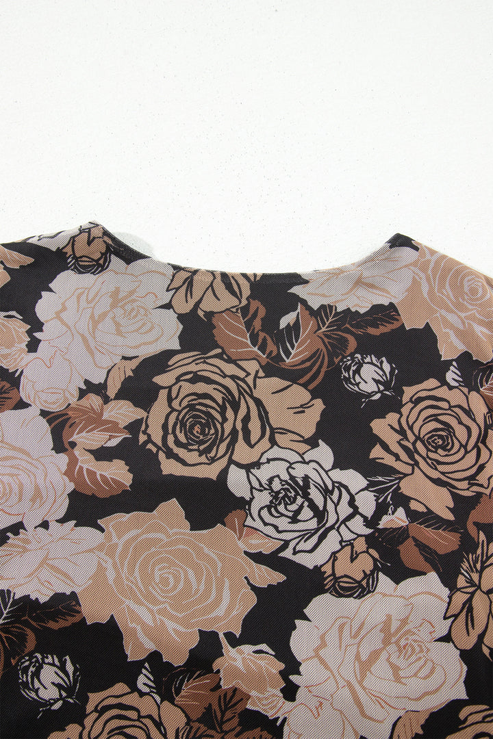 Chic Black Floral Long Sleeve Asymmetric Ruffle Split Hem Mesh Dress