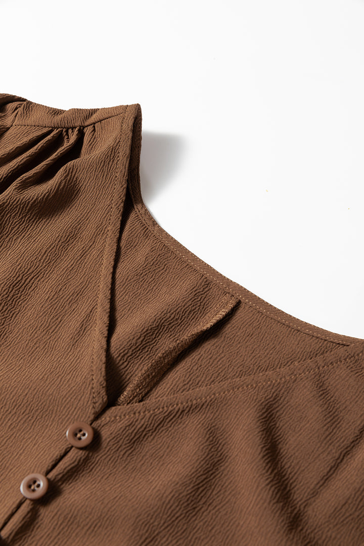 Chestnut Solid Long Sleeve Button V Neck Tiered Maxi Dress