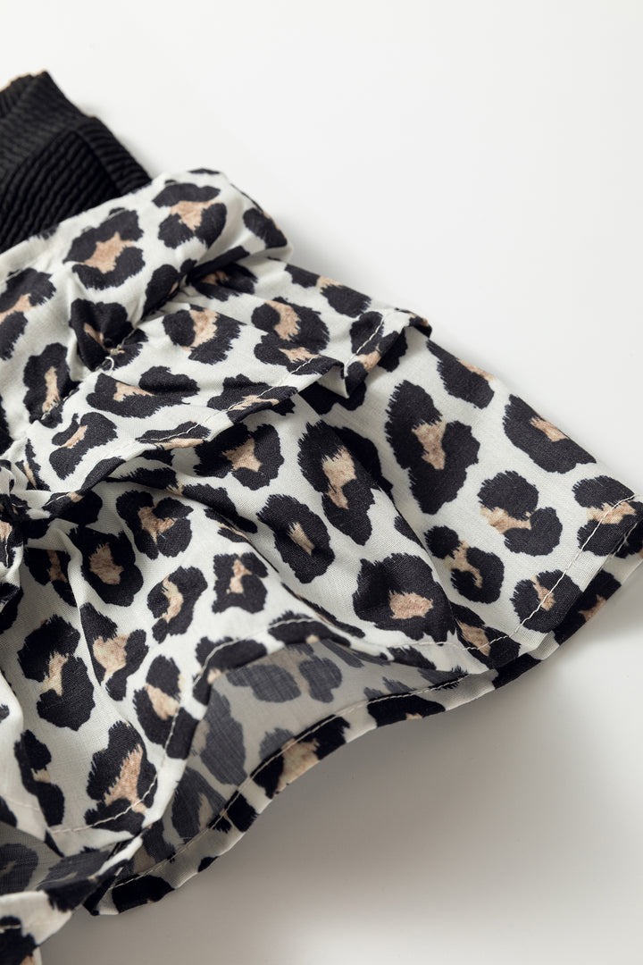 Contrast Leopard Ruffled Short Sleeve Ribbed Knit Top