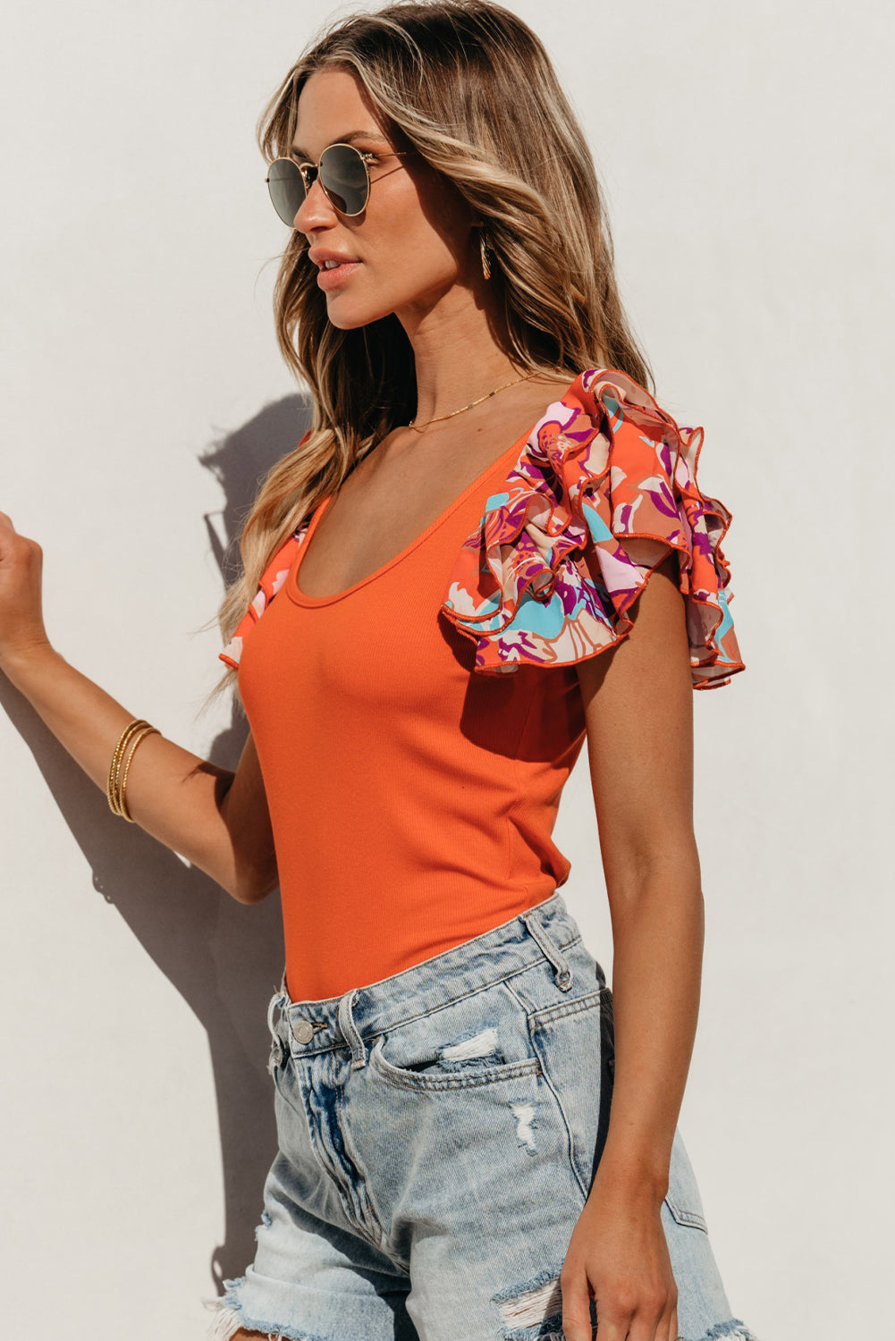 Ribbed Knit Tiered Ruffled Sleeve Bodysuit