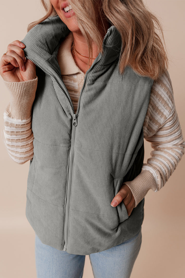 Gray Corduroy Stand Neck Zipped Puffer Vest