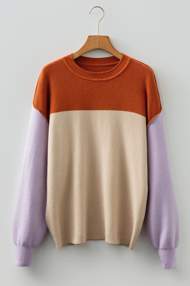 Khaki Color Block Plain Ribbed Knit Baggy Sweater