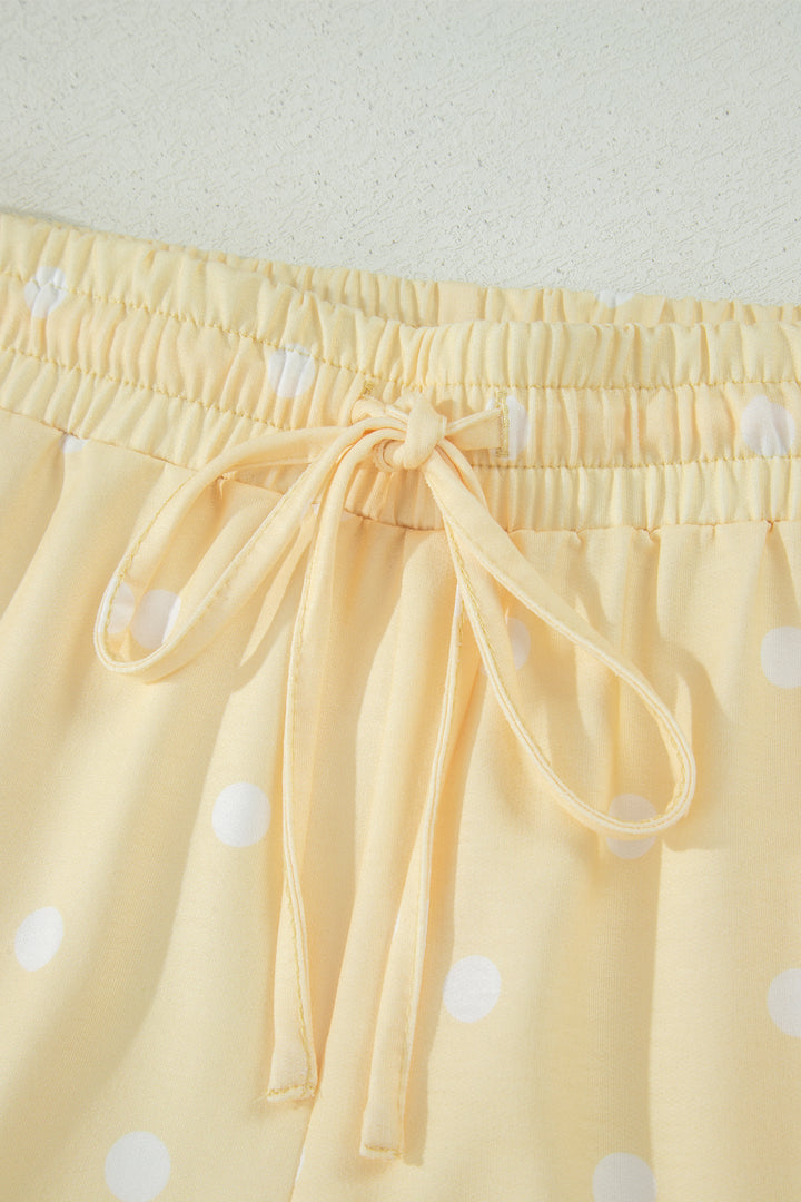 Yellow Polka Dot Short Sleeve Loose Top Drawstring Shorts Set