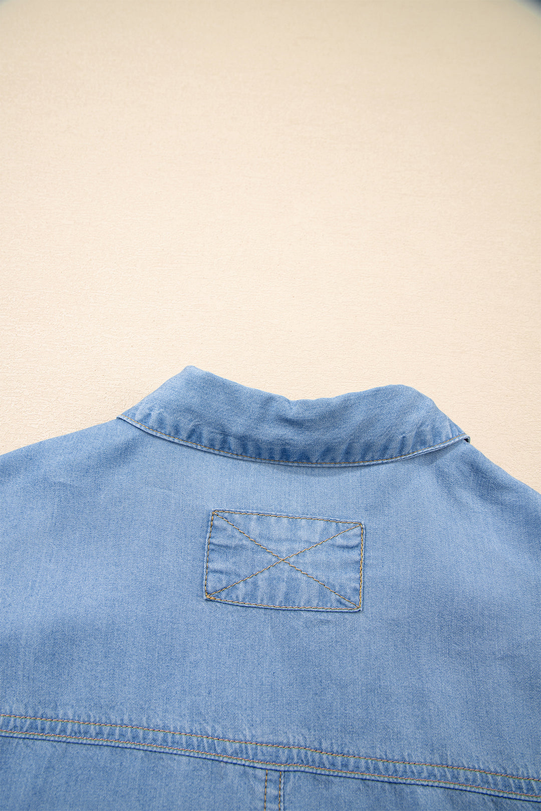 Half Sleeve Button Down Ruffled High Low Chambray Shirt