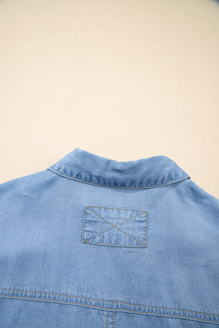Half Sleeve Button Down Ruffled High Low Chambray Shirt