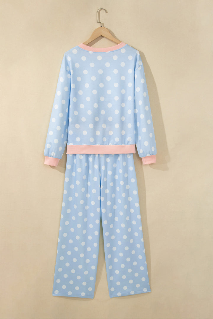 Sky Blue Polka Dot Contrast Trim Long Sleeve Top Drawstring Shift Pants Set