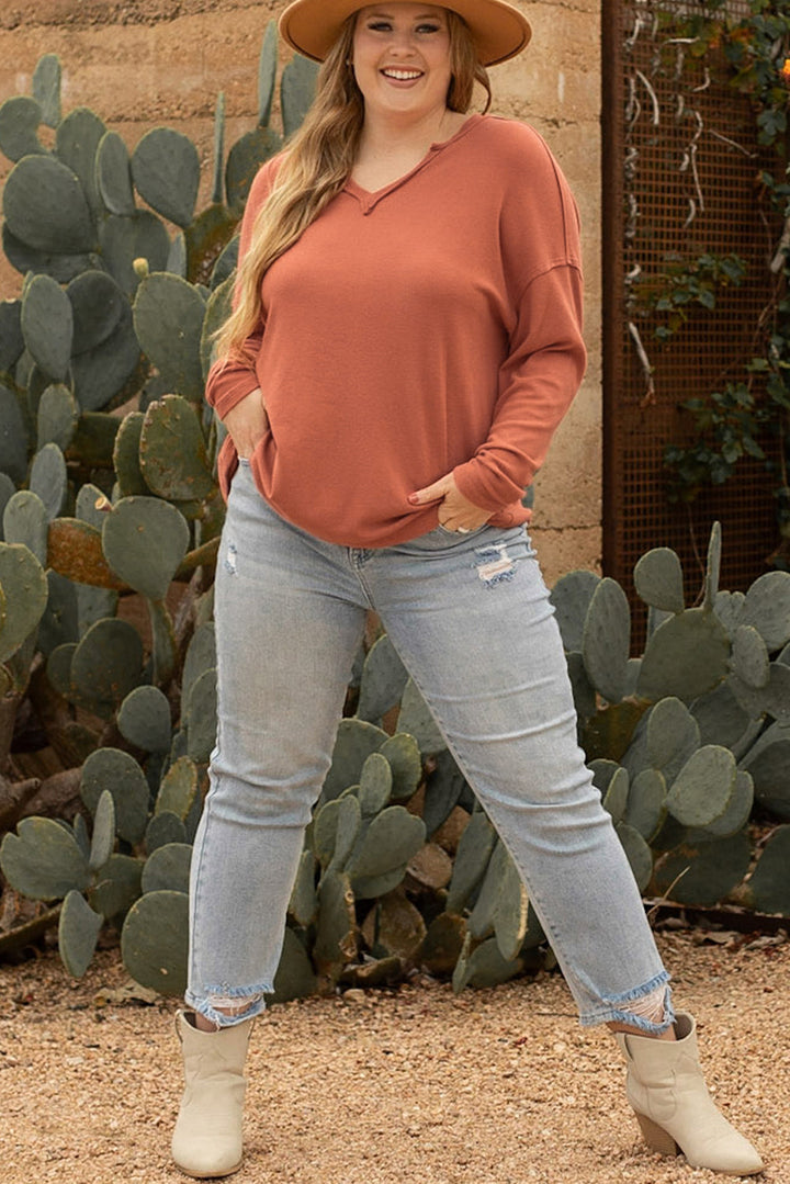 Plus Size Exposed Seam V Neck Long Sleeve Top