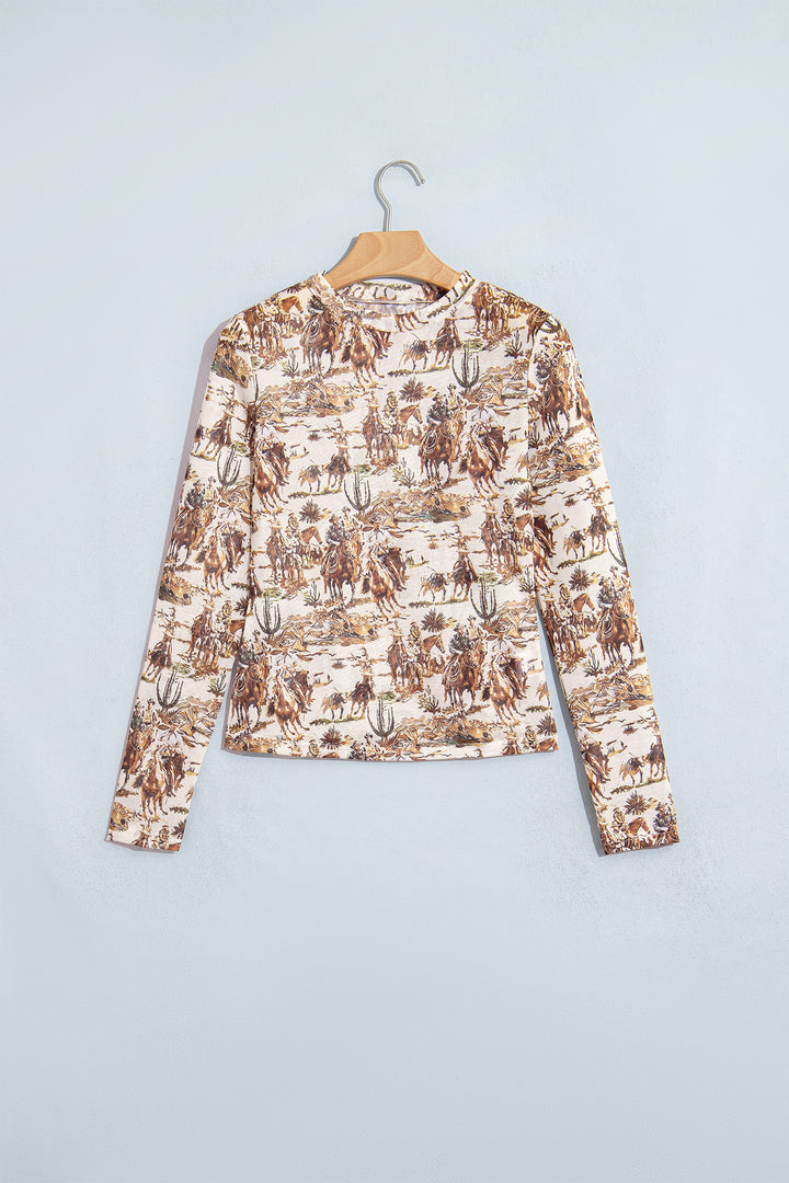 Brown Western Cowboy Floral Print Sheer Mesh Long Sleeve Top