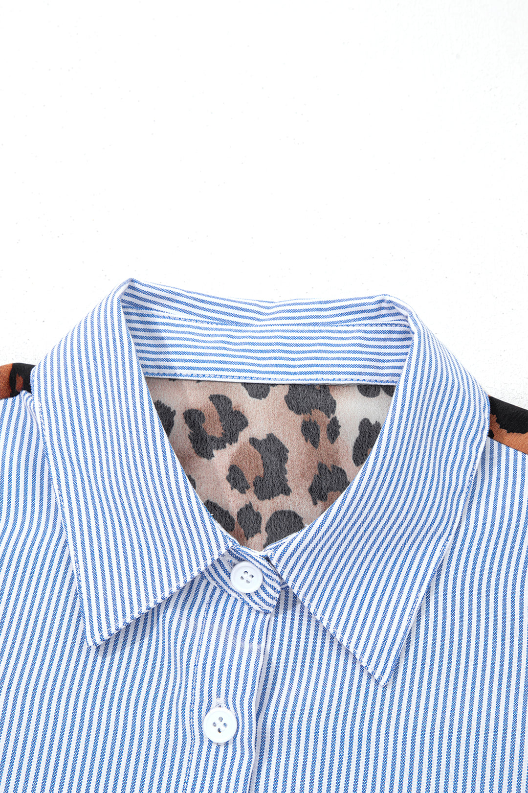 Sky Blue Stripe Contrasted Varsity Stripe Leopard Patchwork Button Down Shirt