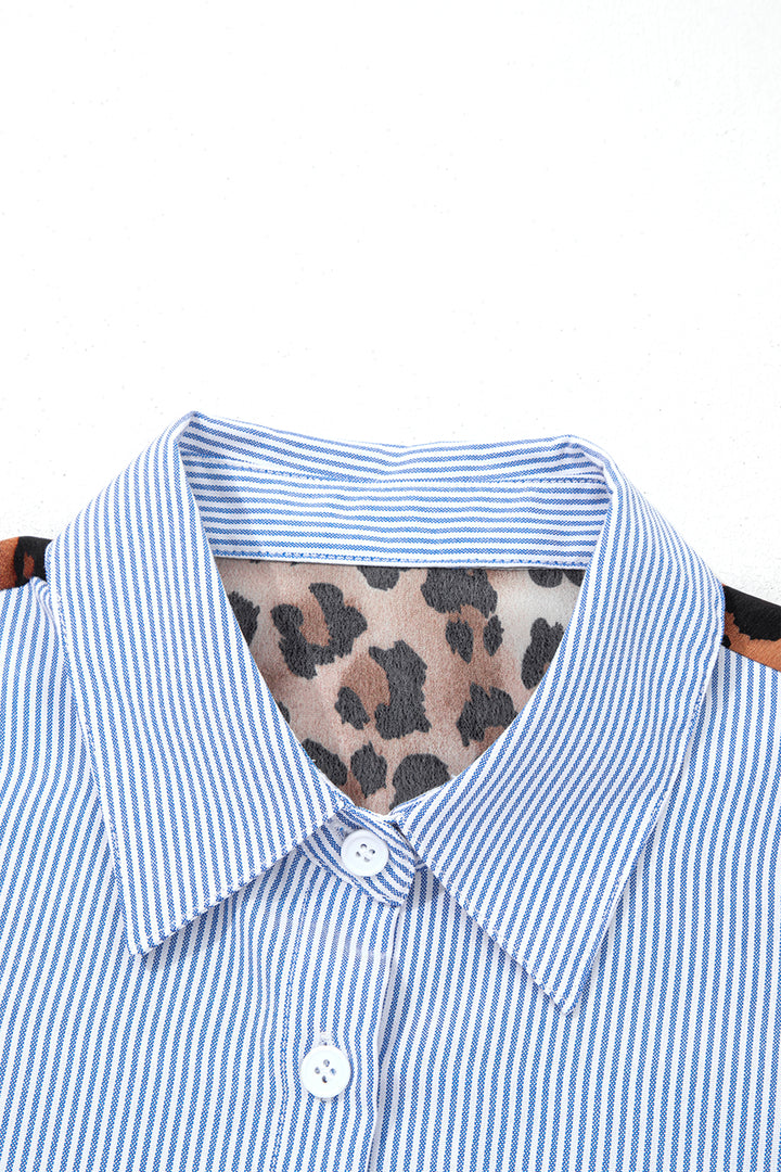 Sky Blue Stripe Contrasted Varsity Stripe Leopard Patchwork Button Down Shirt