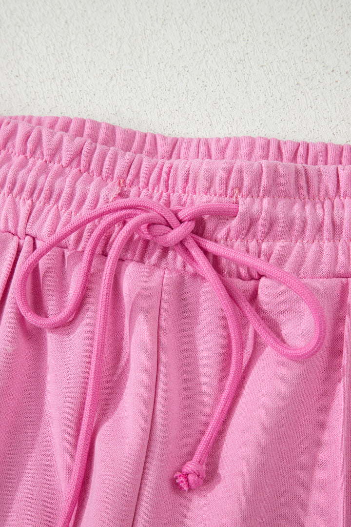 Bright Pink Polo Collar Pullover and Drawstring Sweatpants Set