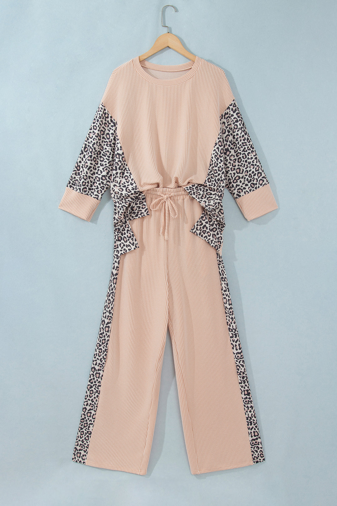 Parchment Leopard Print Twisted Ribbed Patchwork Long Sleeve Top Loose Pant Set