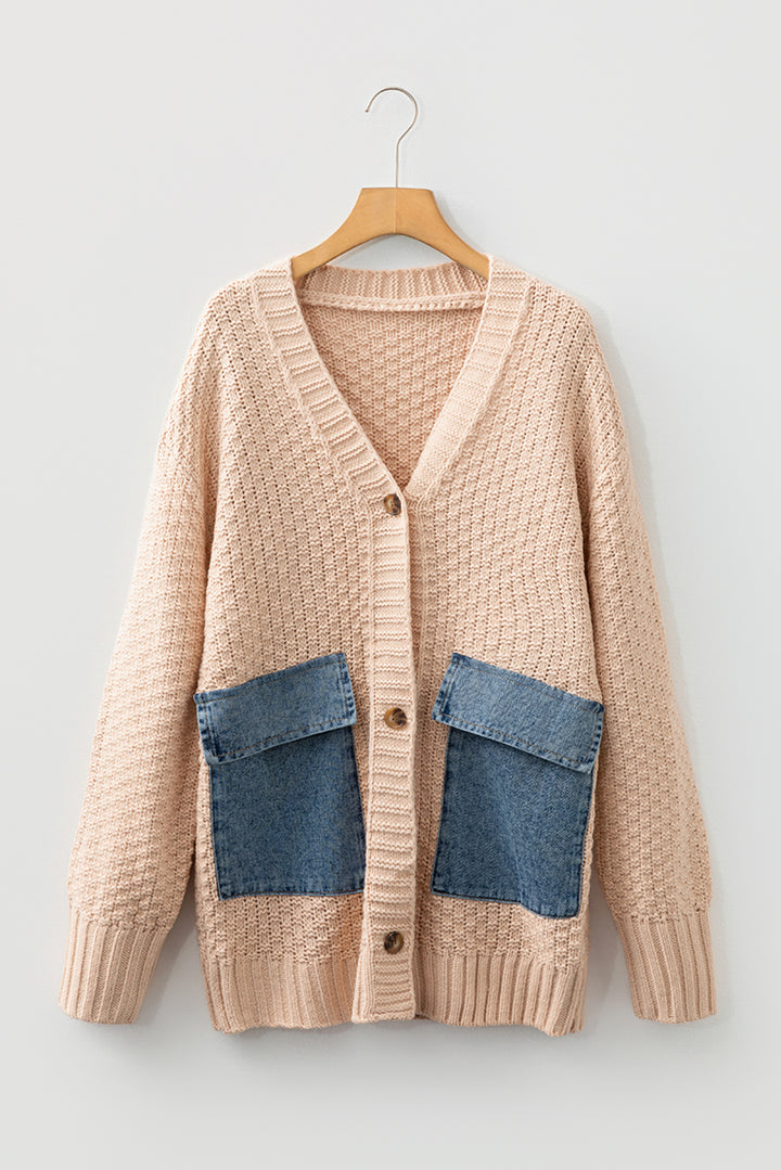 Smoke Gray Open Front Knitted Denim Pocket Patchwork Cardigan