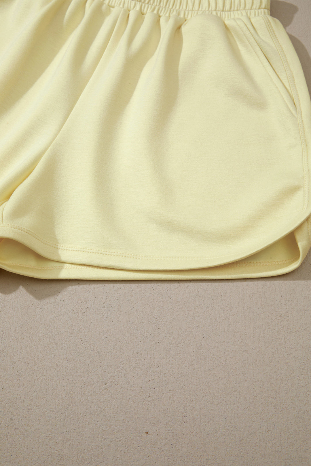 Yellow Cream Solid Color Exposed Seam Mock Neck Oversize Tee Casual Shorts 2pcs Outfit