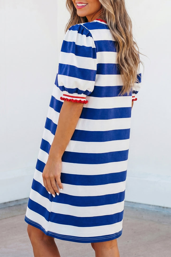 Blue Stripe Contrast Trim Short Puff Sleeve Shift Mini Dress