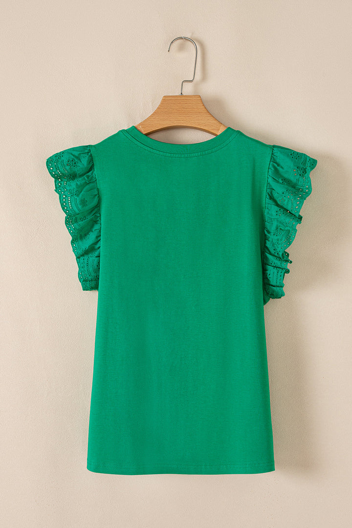 Embroidered Ruffled Sleeve Slim Fit Crew Neck Top