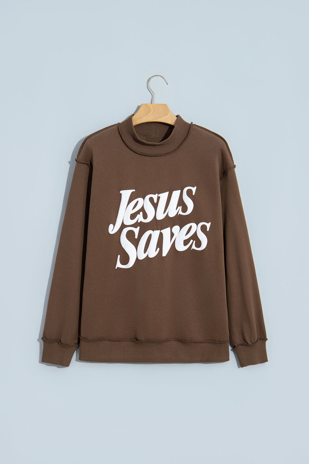 Dark Brown Jesus Saves Slogan Print Stand Neck Baggy Sweatshirt