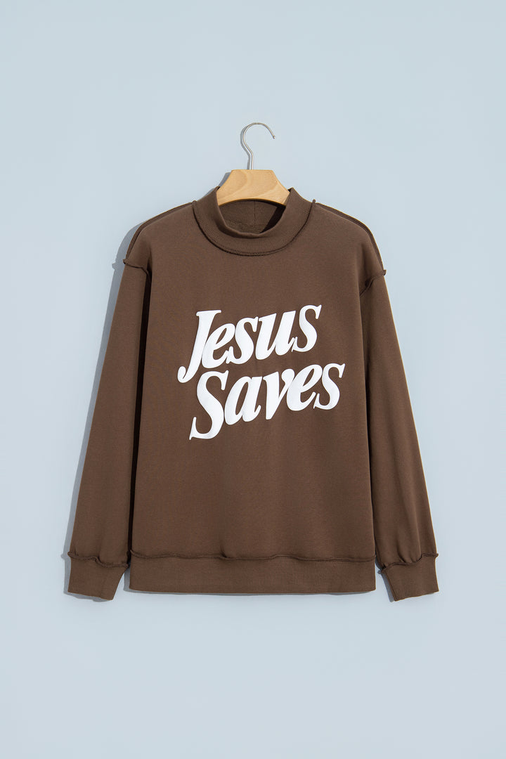 Dark Brown Jesus Saves Slogan Print Stand Neck Baggy Sweatshirt