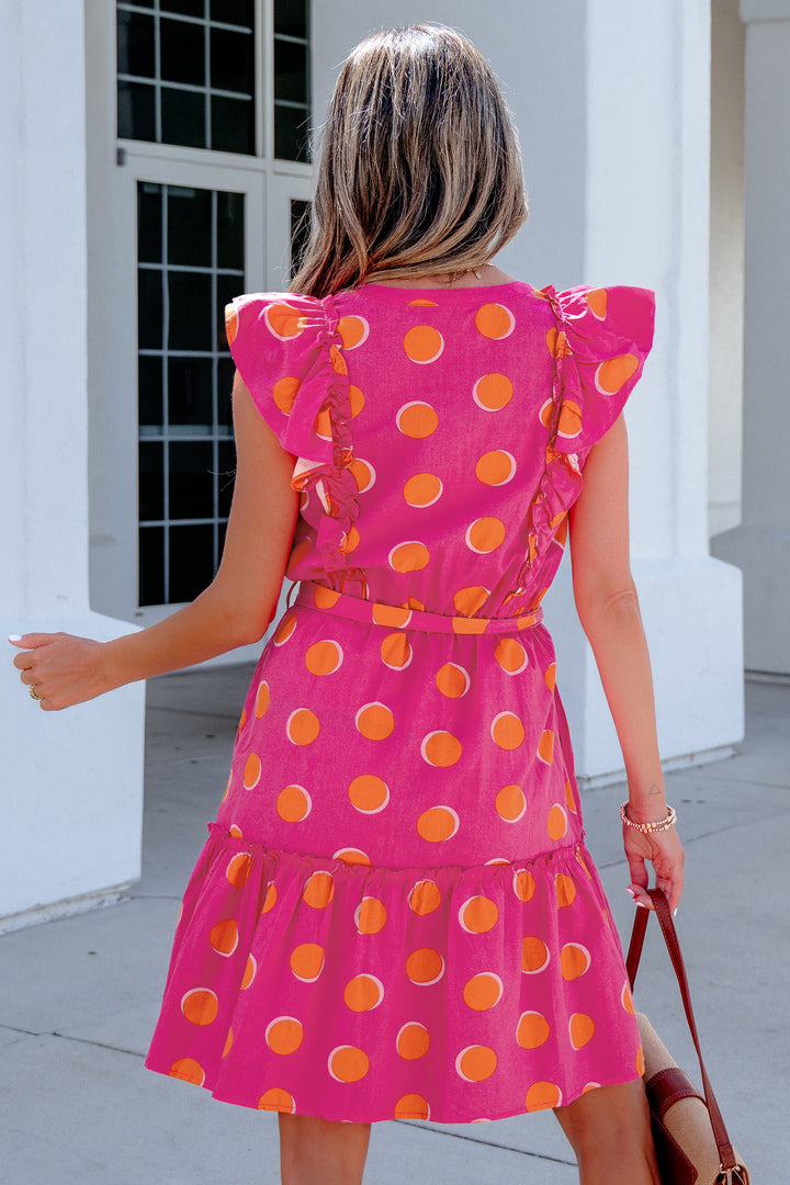 Rose Double Polka Dot V Neck Ruffled Short Sleeve Short Dress
