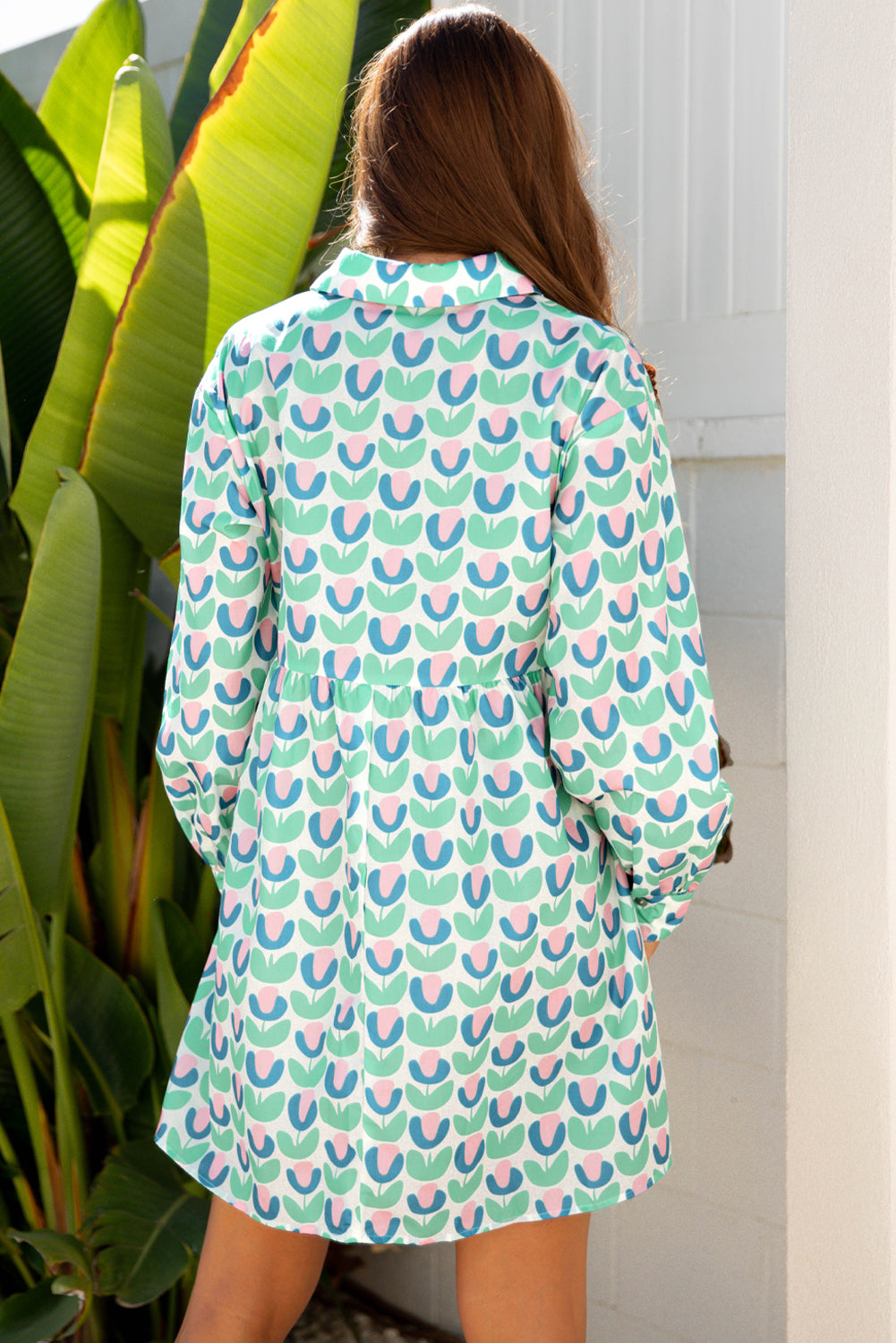 Floral Print Notched Neck Scalloped Detail Long Sleeve Mini Dress