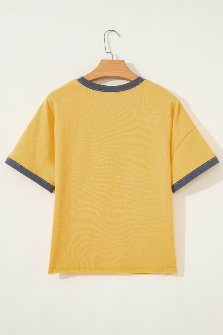 Contrast Trim Raw Hemline Short Sleeve Loose Top