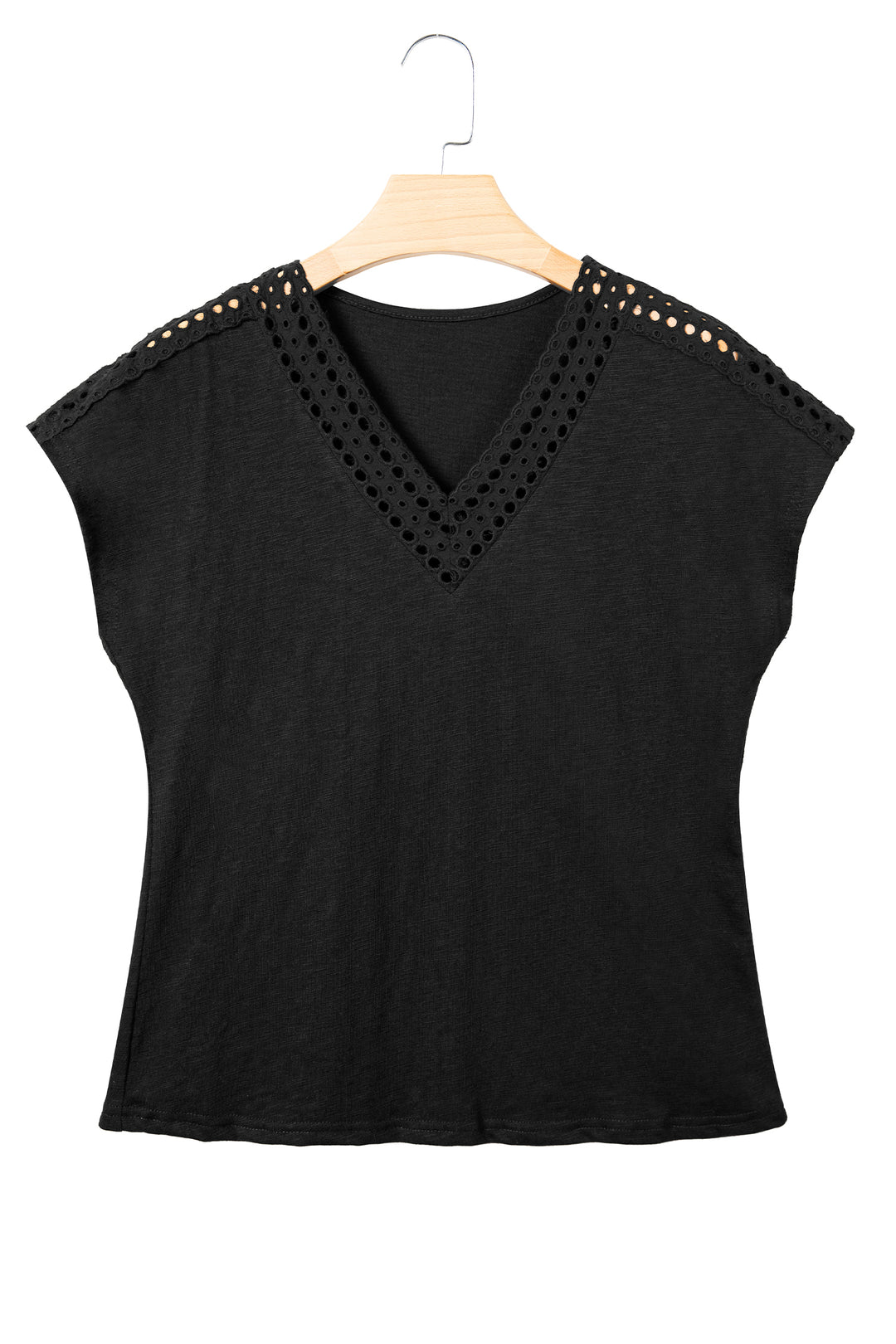 Black Cutout Embroidered Trim V Neck Cap Sleeve Tee
