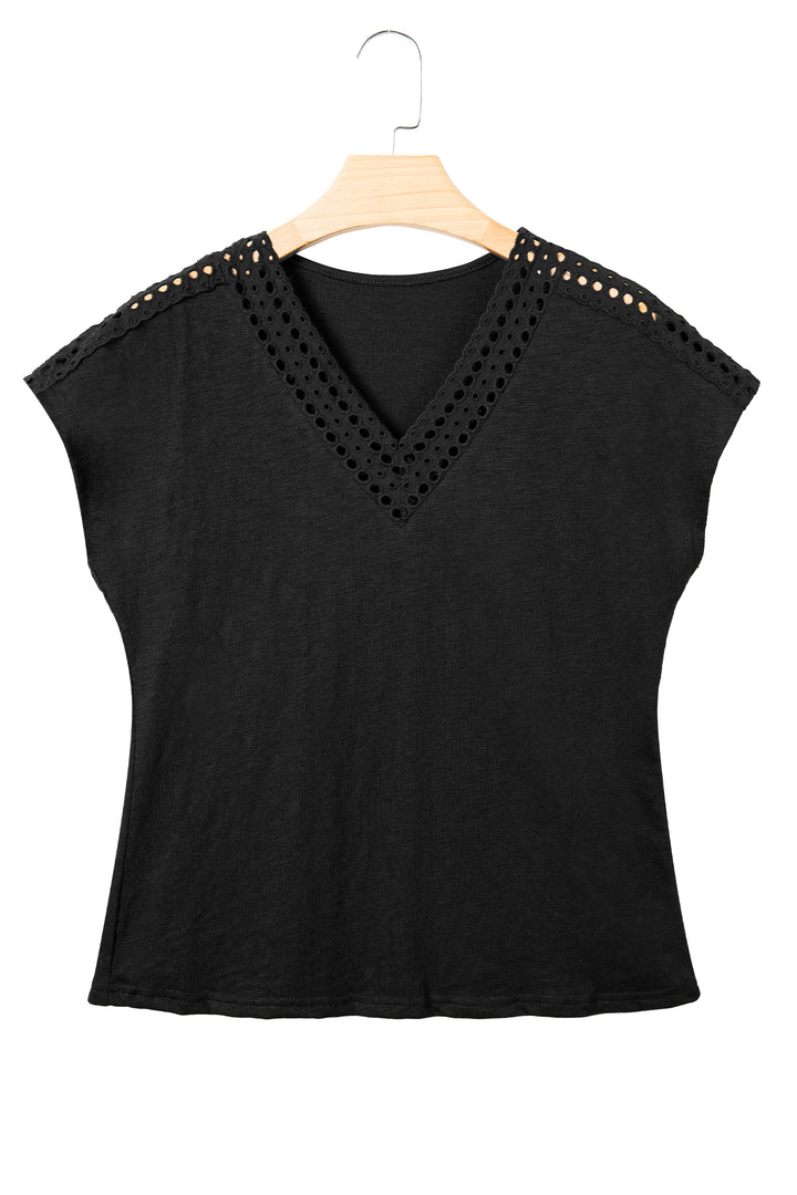 Black Cutout Embroidered Trim V Neck Cap Sleeve Tee