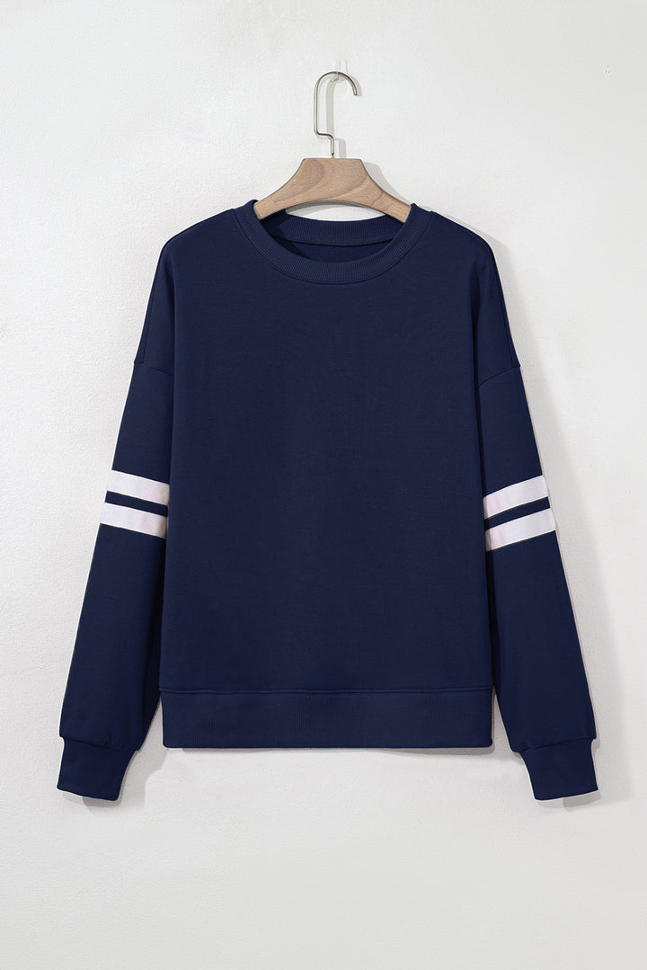 Navy Blue Varsity Striped Detail Drop Shoulder Oversized Sweatshirt
