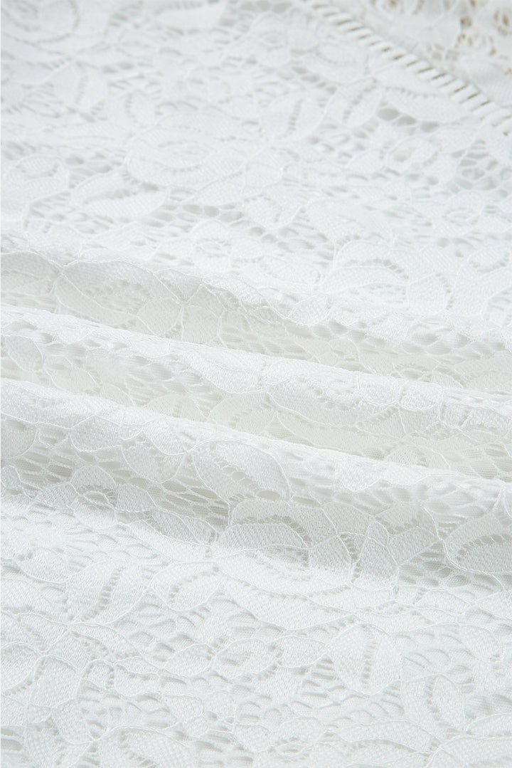 White Tie V Neck Lace Ruffle Detail Long Sleeve Blouse