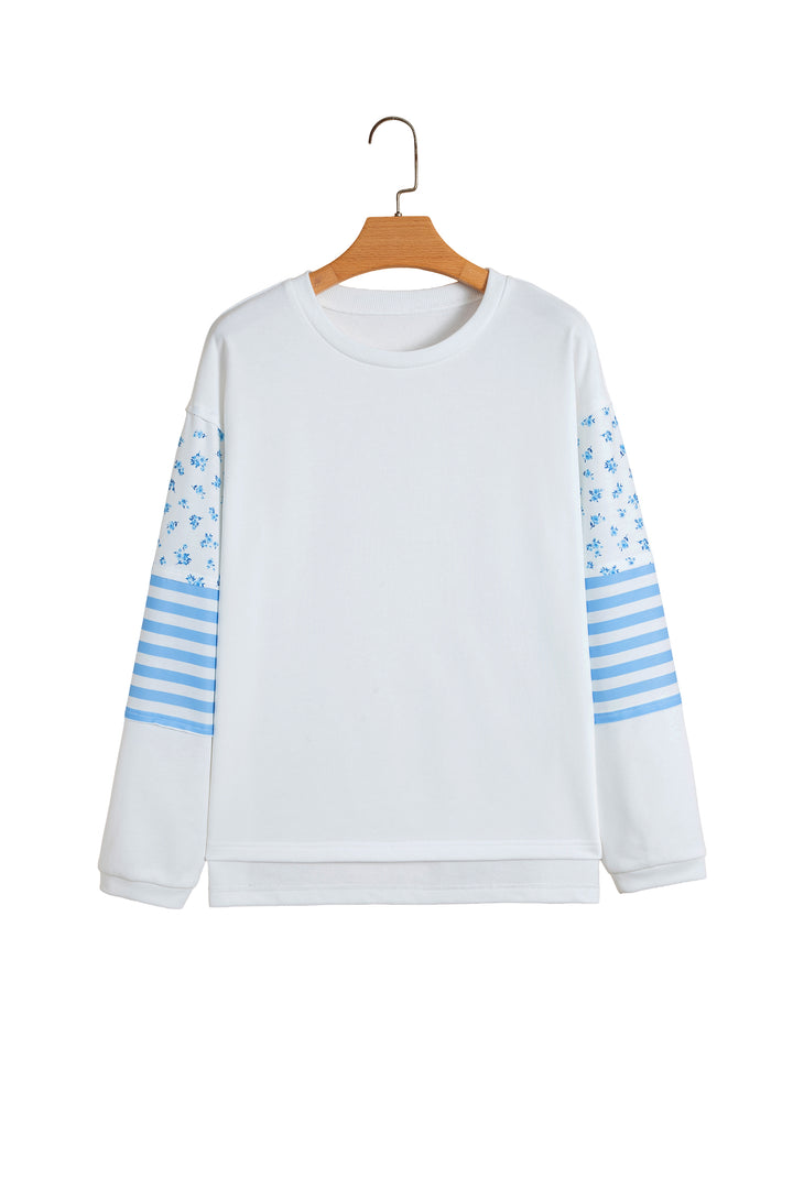 Beige Floral Striped Long Sleeve Contrasted Pullover Top