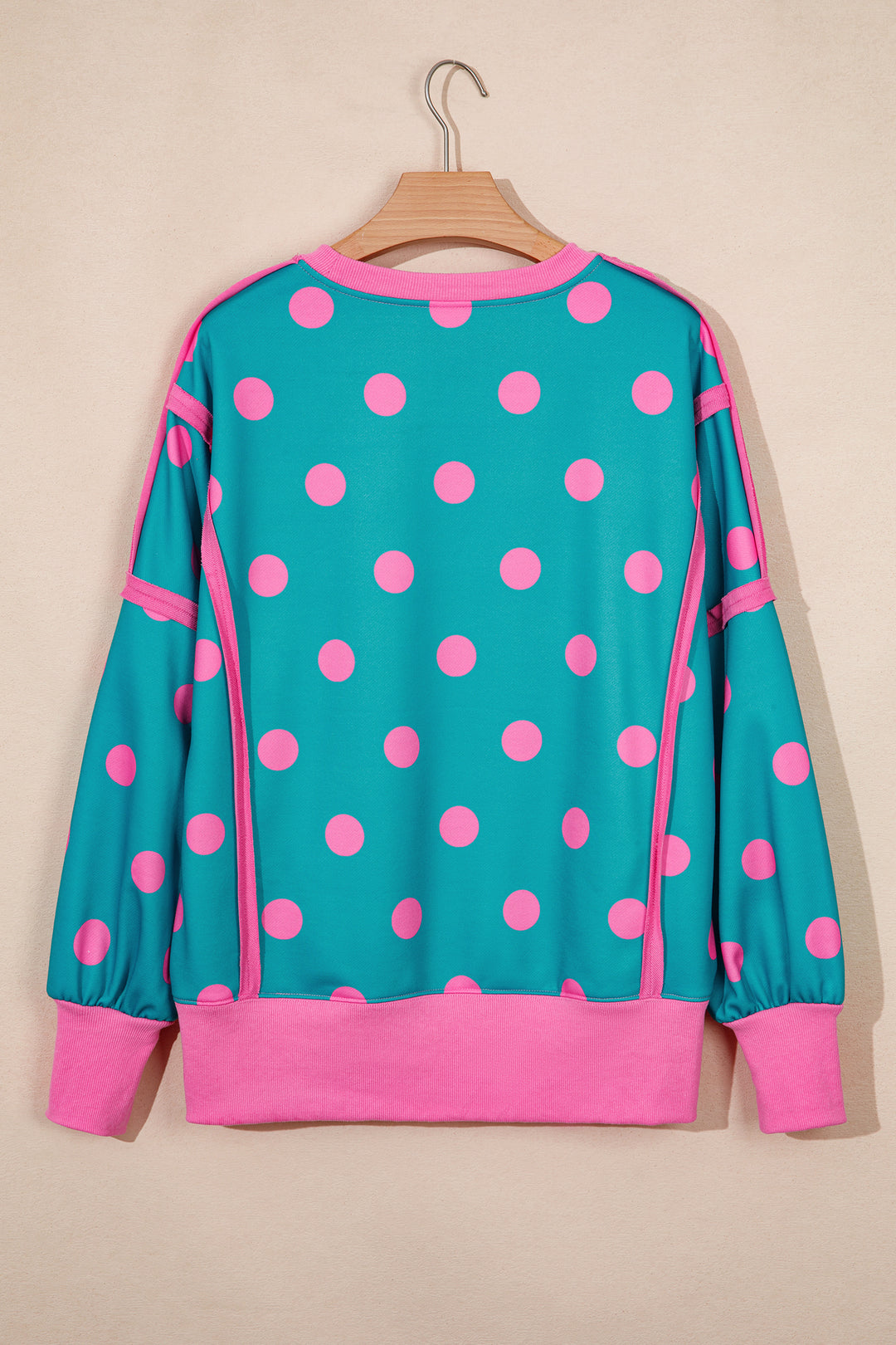 Blue Polka Dot Contrast Patchwork Round Neck Baggy Sweatshirt