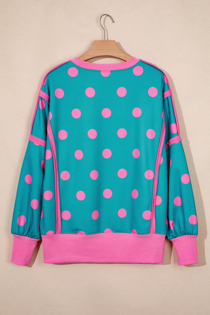 Blue Polka Dot Contrast Patchwork Round Neck Baggy Sweatshirt