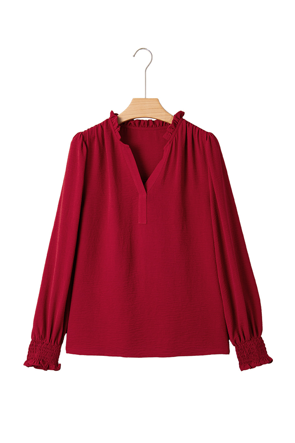 Notched Neck Shirred Cuff Long Sleeve Blouse