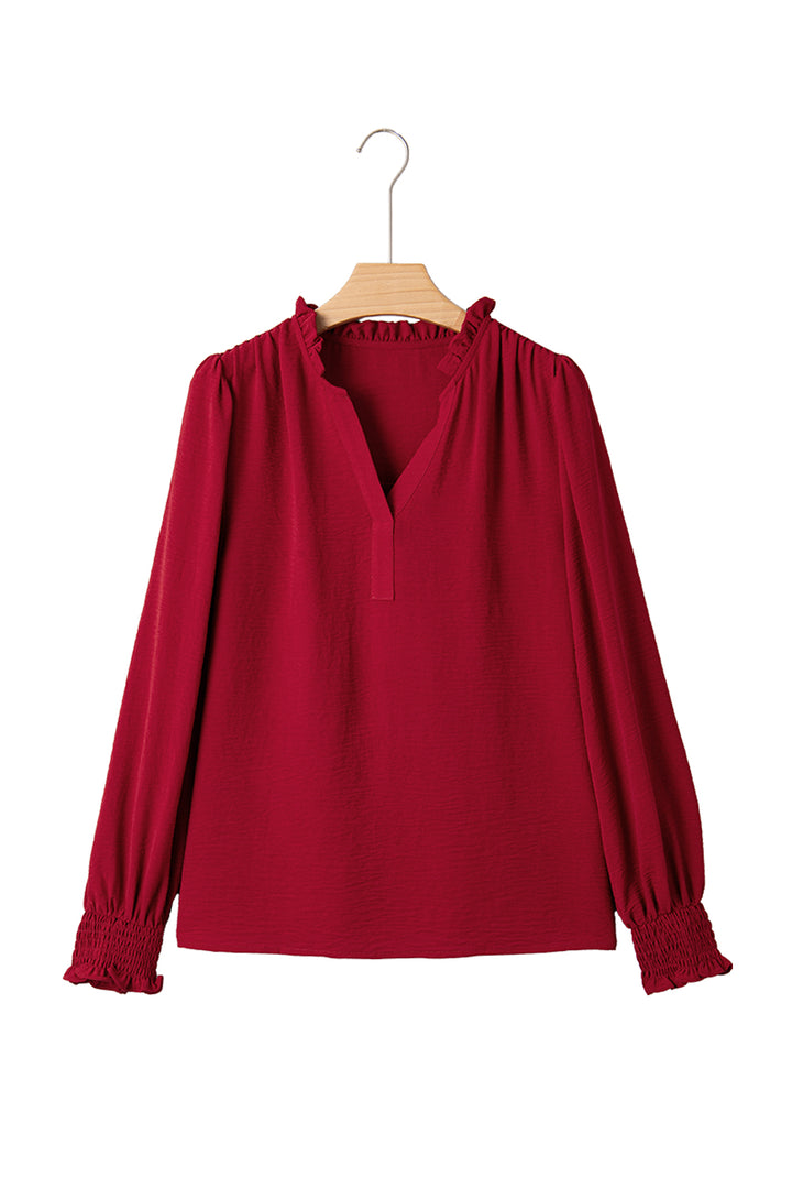 Notched Neck Shirred Cuff Long Sleeve Blouse