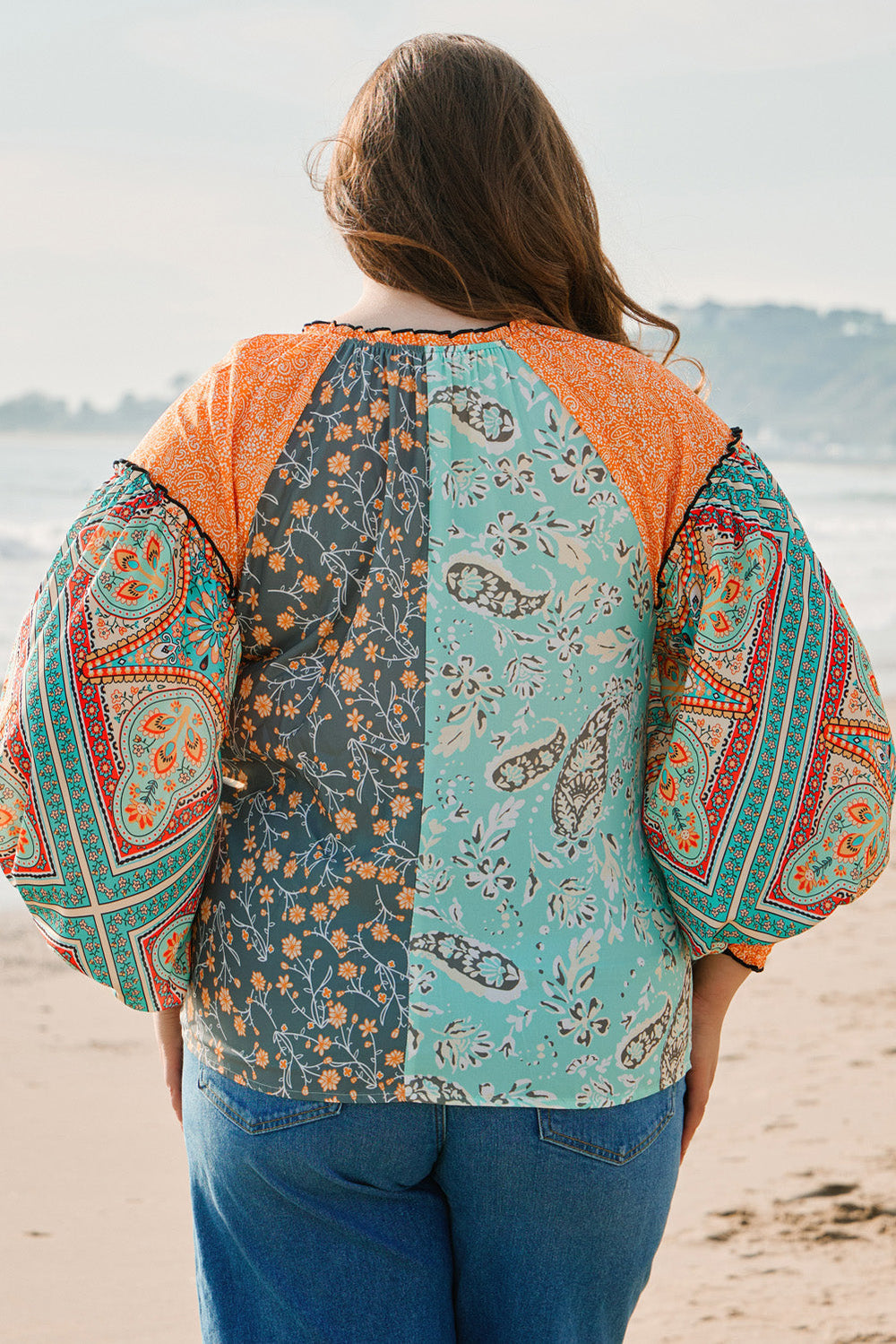 Floral Patchwork Lantern Sleeve Buttoned V Neck Plus Size Blouse