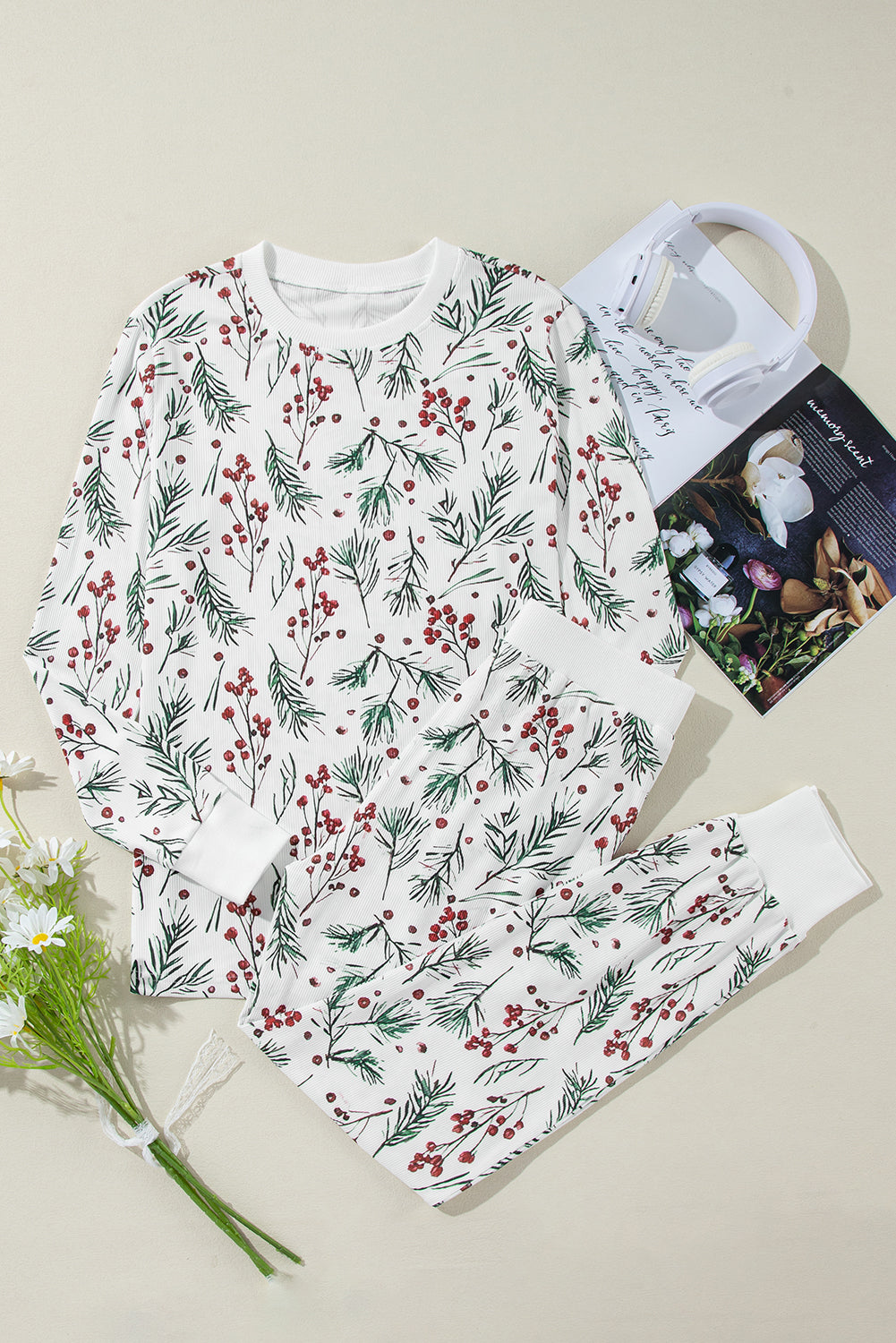 holly print thermal pullover pants lounge set