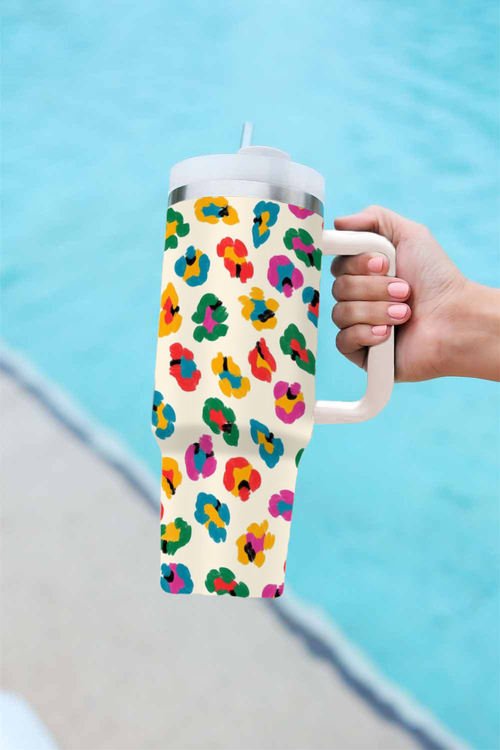 Multi Color Leopard Print Handle Stainless Tumbler 40oz