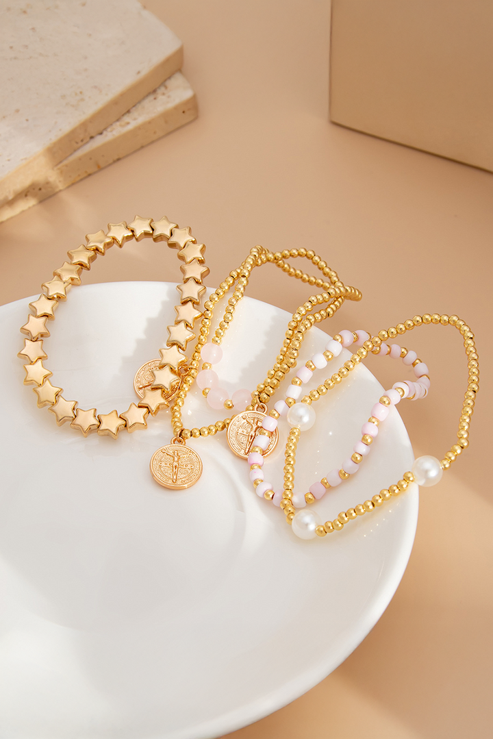 Mehrlagiges Armband-Set mit Scheiben, Perlen und Sternen