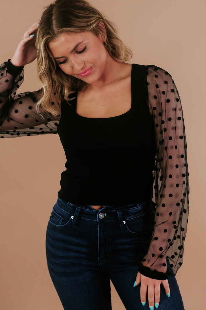 Black Polka Dot Mesh Puff Sleeve Patchwork Ribbed Square Neck Slim Top