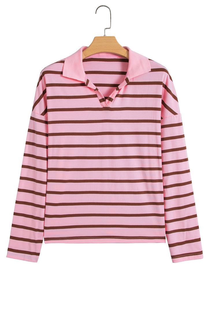 Pink Stripe Striped Long Sleeve Collar Shift Top