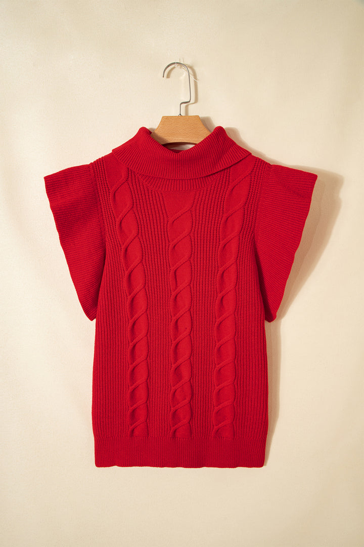 Cable Knit Turtleneck Ruffled Short Sleeve Sweater