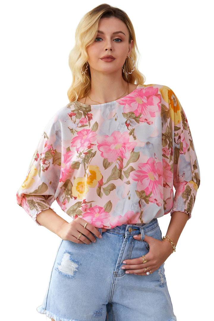 Pink Shirred Cuff 3/4 Sleeve Loose Fit Floral Blouse