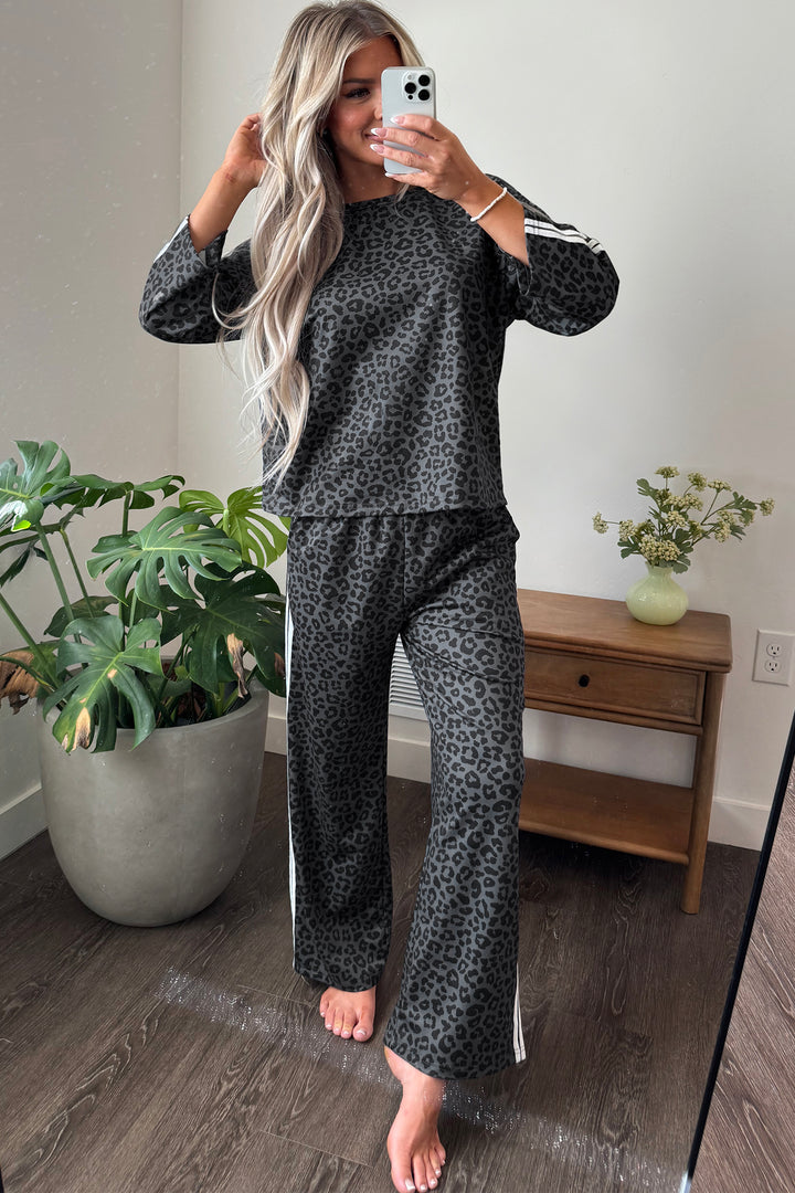 Gray Leopard Print Varsity Striped Detail 3/4 Sleeve Top Shift Pant Set