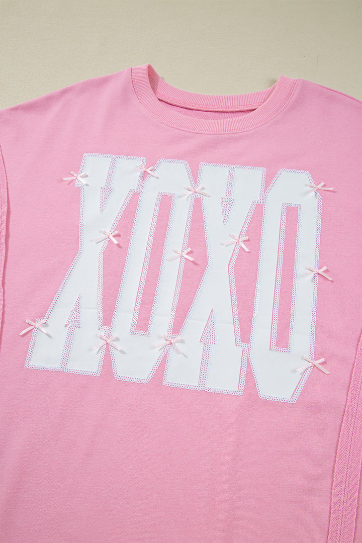 Bow Sequin XOXO Letter Graphic Exposed Seam Baggy Sweatshirt