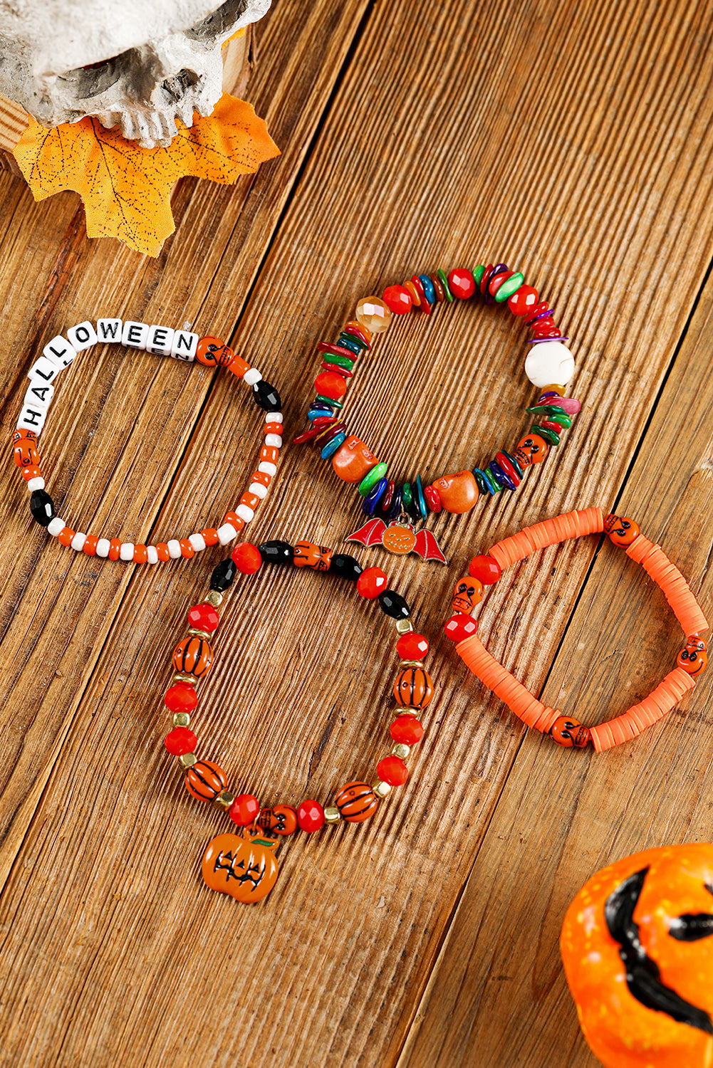 Lot de 4 bracelets d'Halloween en forme de citrouille, de chauve-souris et d'araignée