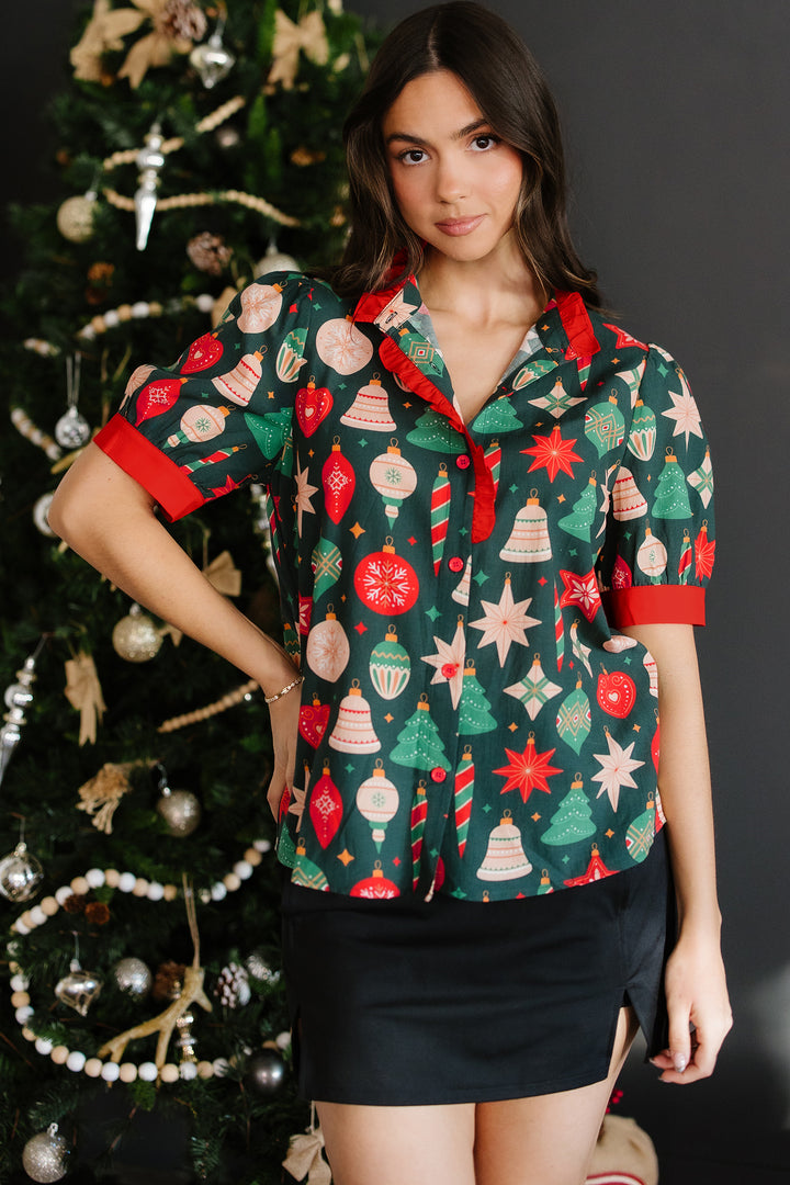 Christmas Fashion Print Contrast Trim Frilled Neck Short Sleeve Blouse