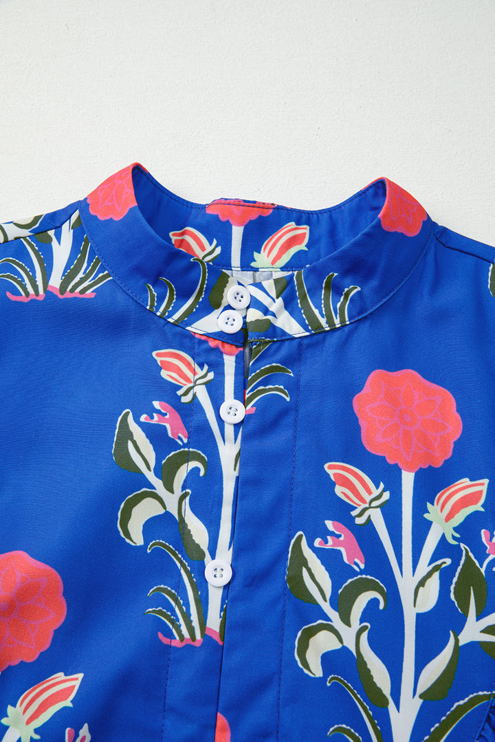 Blue Floral Print Button Detail 3/4 Puff Sleeve Ruffle Hem Dress