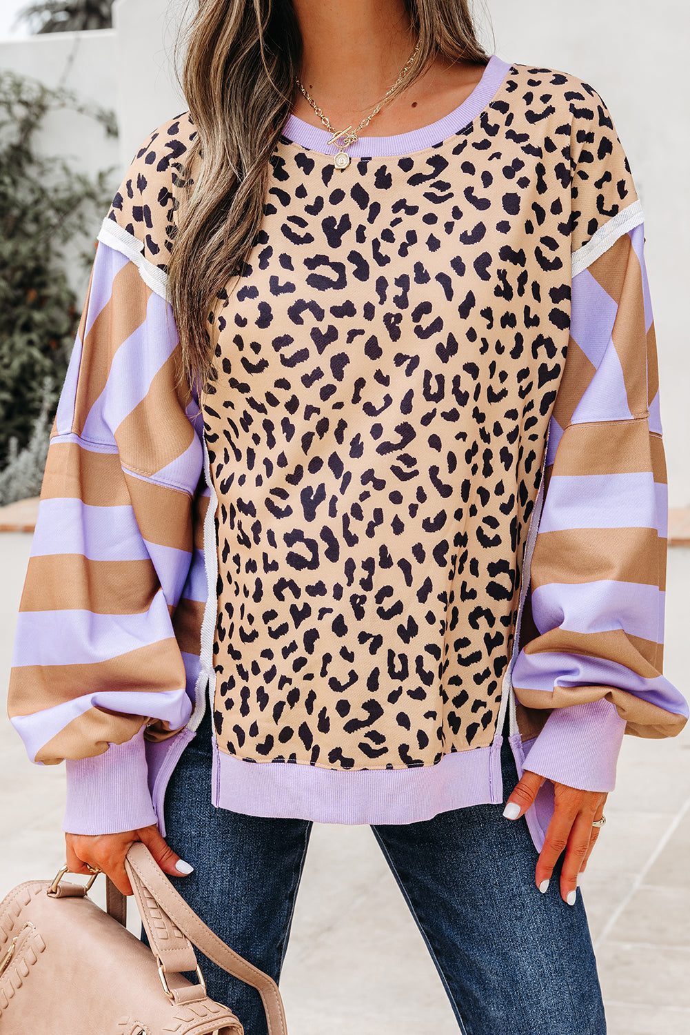 Color Block Patchwork Leopard Casual Sweatshirt with Slits