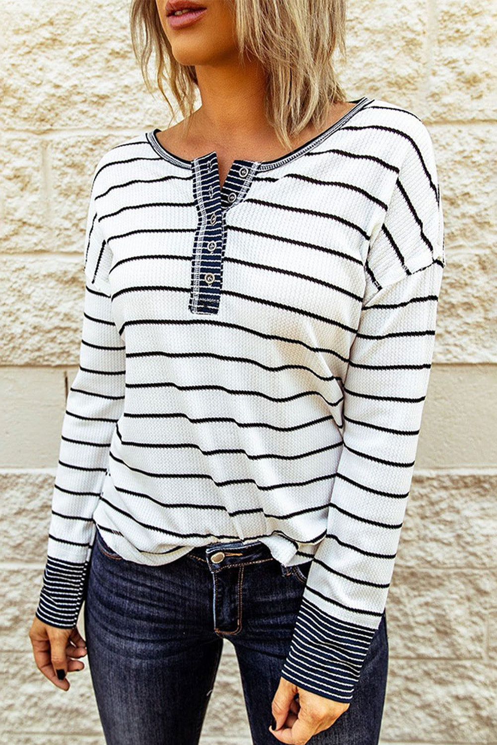 Striped Buttoned Henley Waffle Knit Top