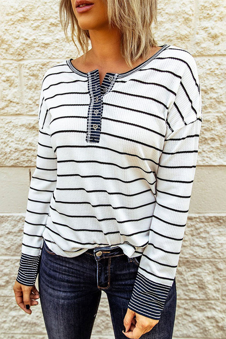 Striped Buttoned Henley Waffle Knit Top